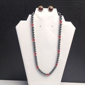 Elegant Ruby Red & Black Beaded Necklace and Clip on Earring Set w/ Travel Pouch